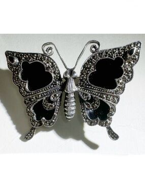 Hallmarked Vintage Silver Onyx Marcasite Butterfly Brooch
